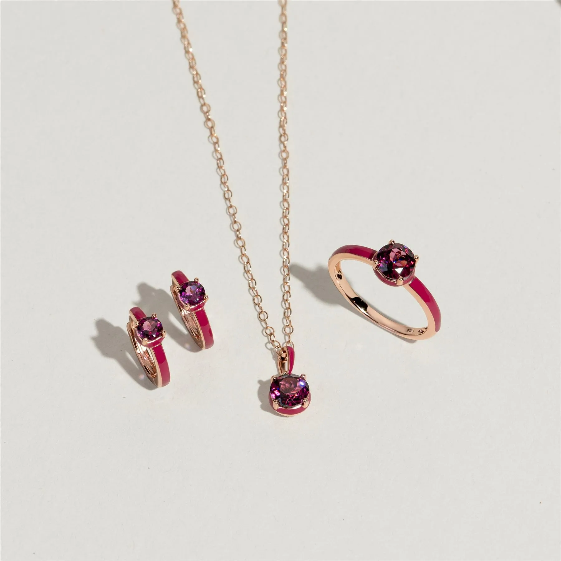 Siberian Waltz Pink Enamel & Round Rhodolite Hoop Earrings In Rose Gold Vermeil sold by Gemondo Jewellery product image thumbnail 5