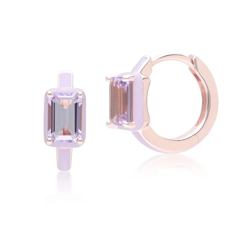 Siberian Waltz Violet Enamel & Octagon Amethyst Hoop Earrings In Rose Gold Vermeil sold by Gemondo Jewellery