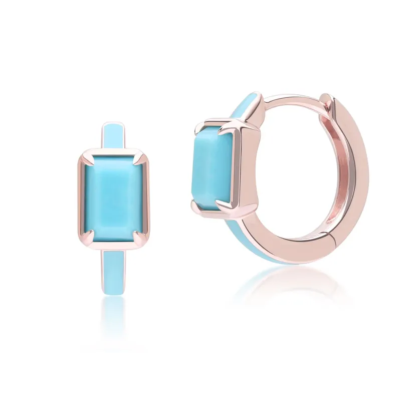 Siberian Waltz Blue Enamel & Octagon Turquoise Hoop Earrings In Rose Gold Vermeil sold by Gemondo Jewellery
