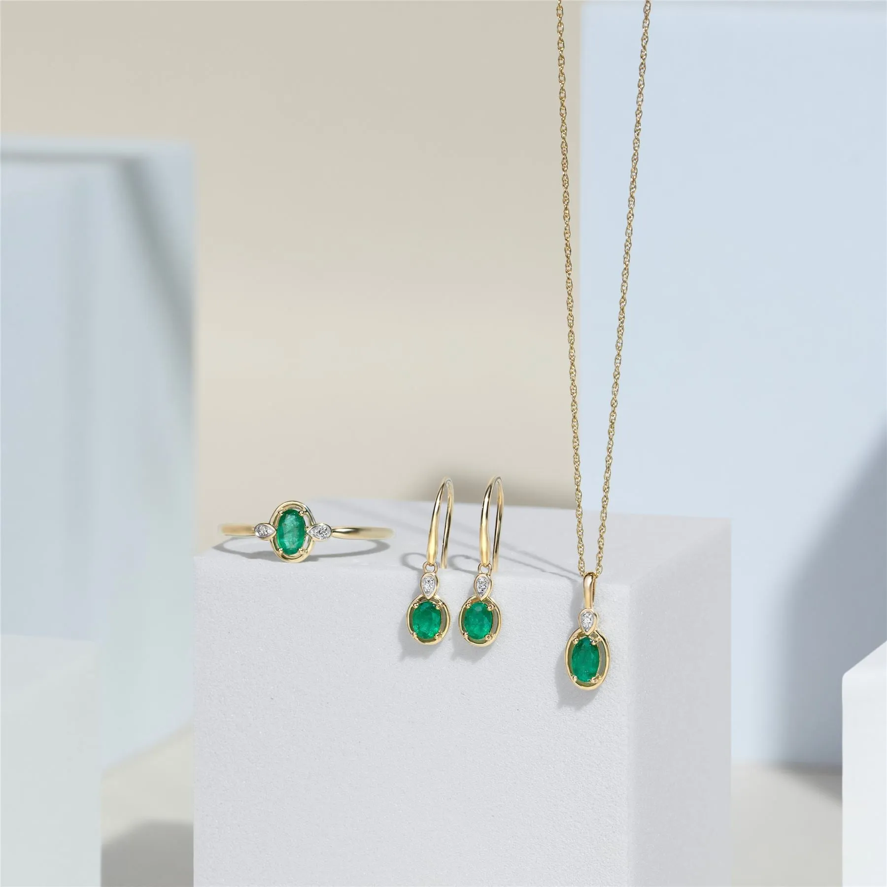 Classic Oval Emerald & Round Diamond Drop Earrings In 9ct Yellow Gold sold by Gemondo Jewellery product image thumbnail 5