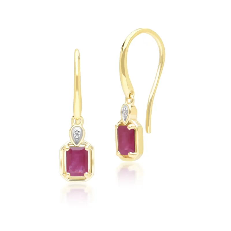 Classic Ruby Baguette & Diamond Drop Earrings In 9ct Yellow Gold sold by Gemondo Jewellery