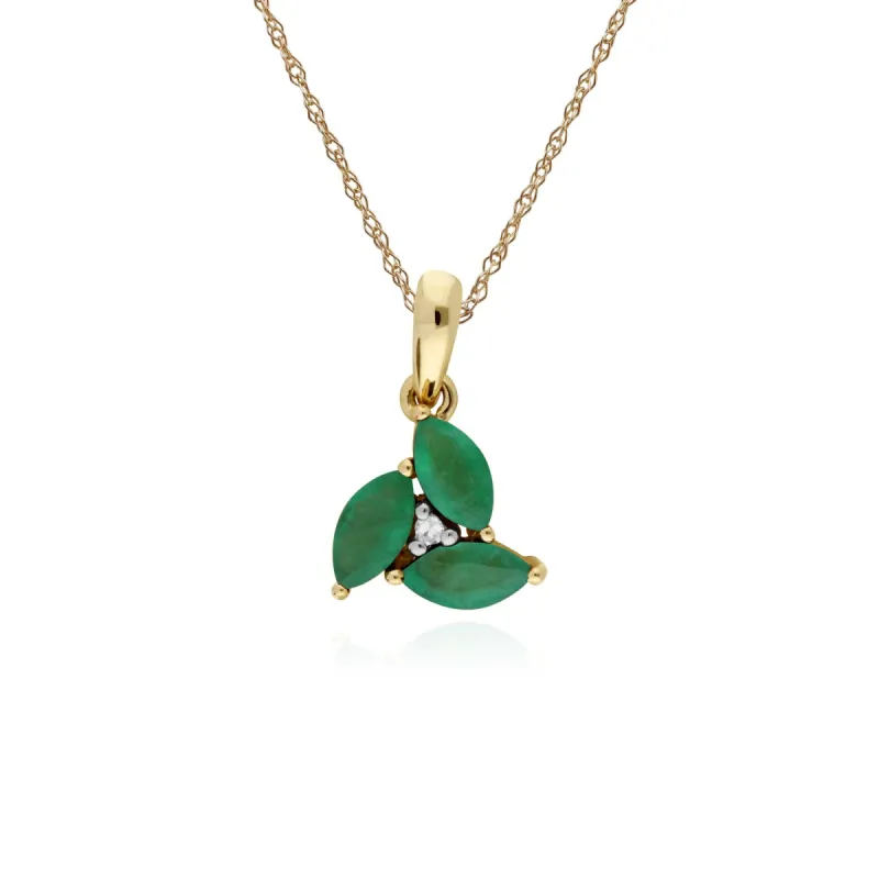 Floral Marquise Emerald & Diamond Cluster Pendant in 9ct Yellow Gold sold by Gemondo Jewellery