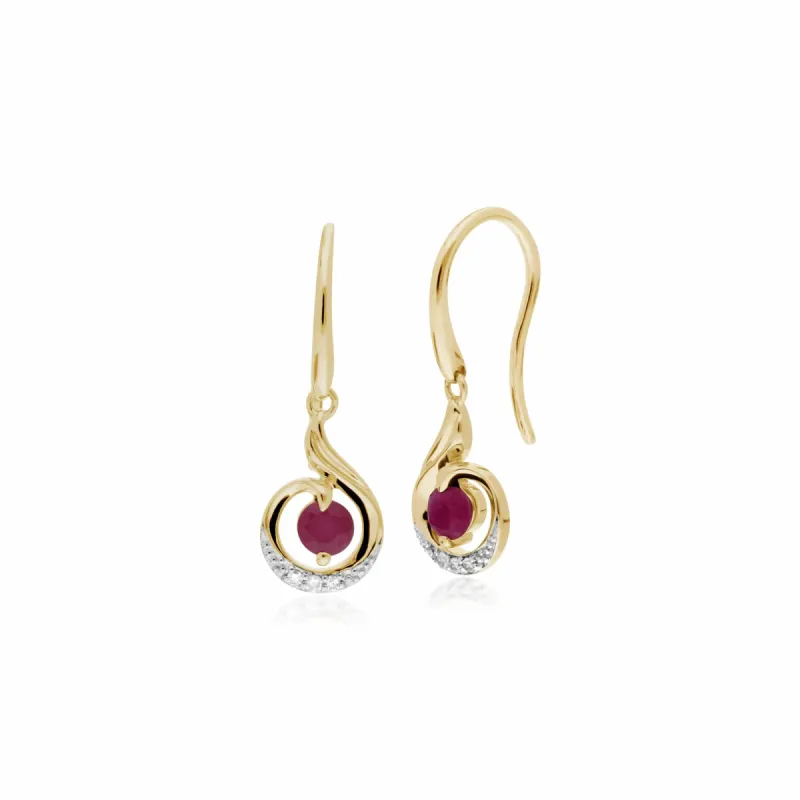 Gemondo 9ct Yellow Gold Ruby & Diamond Spiral Drop Earrings sold by Gemondo Jewellery