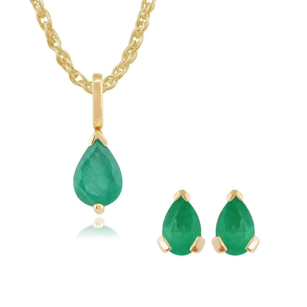 Classic Pear Emerald Single Stone Stud Earrings & Pendant Set in 9ct Yellow Gold sold by Gemondo Jewellery