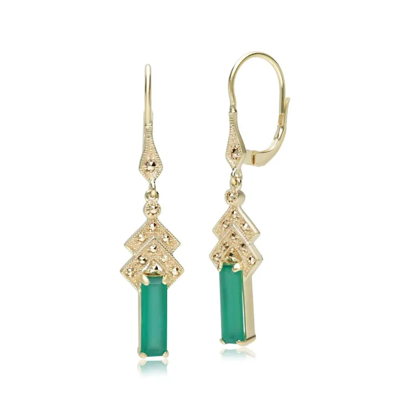 Art Deco Inspired Green Chalcedony & Marcasite Drop Earrings in 18ct Gold Plated Silver sold by Gemondo Jewellery