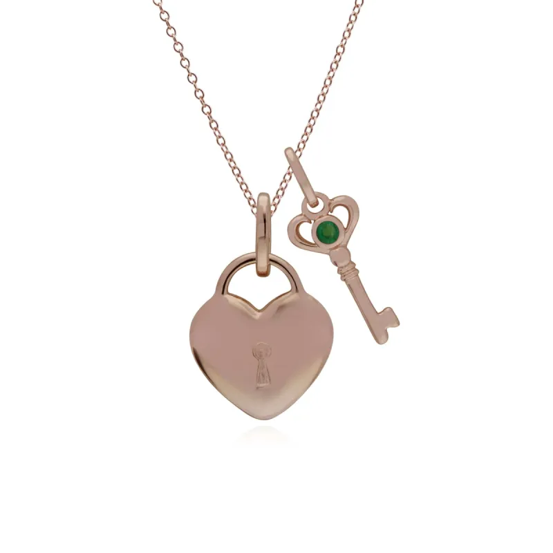 Classic Heart Lock Pendant & Emerald Key Charm in Rose Gold Plated 925 Sterling Silver sold by Gemondo Jewellery