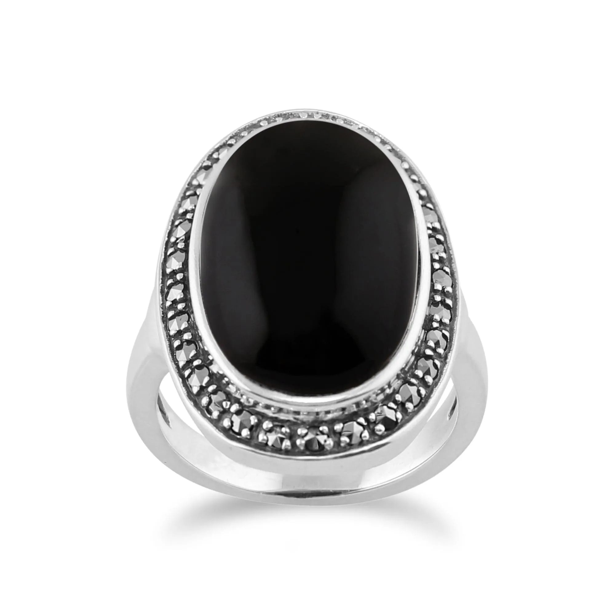 Boho Oval Onyx Cabochon & Marcasite Silver Ring sold by Gemondo Jewellery