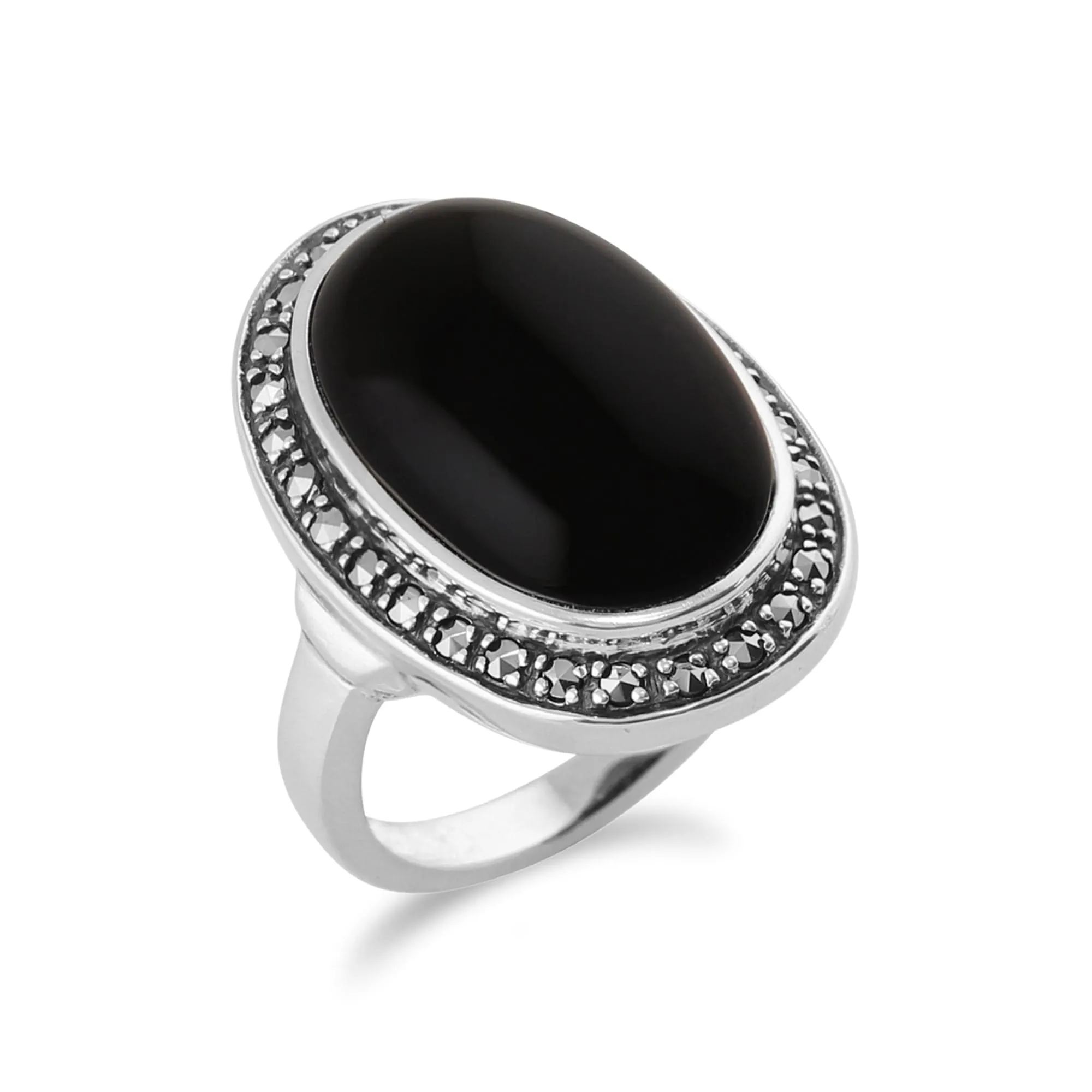 Boho Oval Onyx Cabochon & Marcasite Silver Ring sold by Gemondo Jewellery product image thumbnail 2
