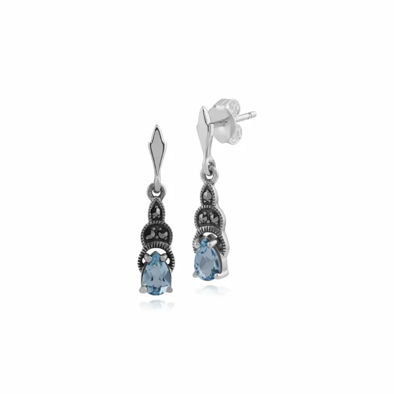 Art Deco Style Pear Blue Topaz & Marcasite Drop Earrings in 925 Sterling Silver sold by Gemondo Jewellery