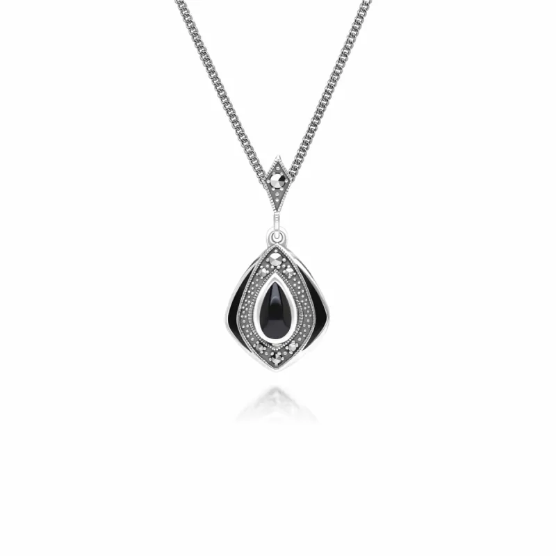 Art Deco Style Kite Onyx and Marcasite Pendant Necklace in Sterling Silver sold by Gemondo Jewellery