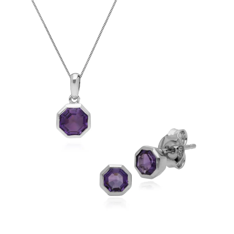 Geometric Octagon Amethyst Bezel Stud Earrings & Pendant Set in 925 Sterling Silver sold by Gemondo Jewellery