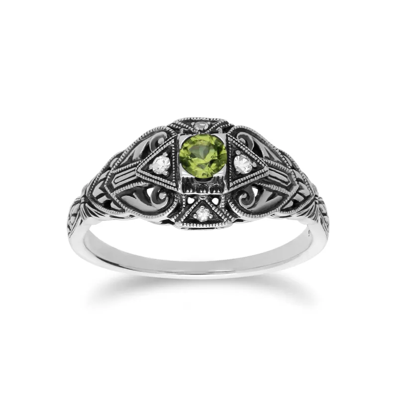Art Deco Style Round Peridot & White Topaz  Ring in 925 Sterling Silver sold by Gemondo Jewellery