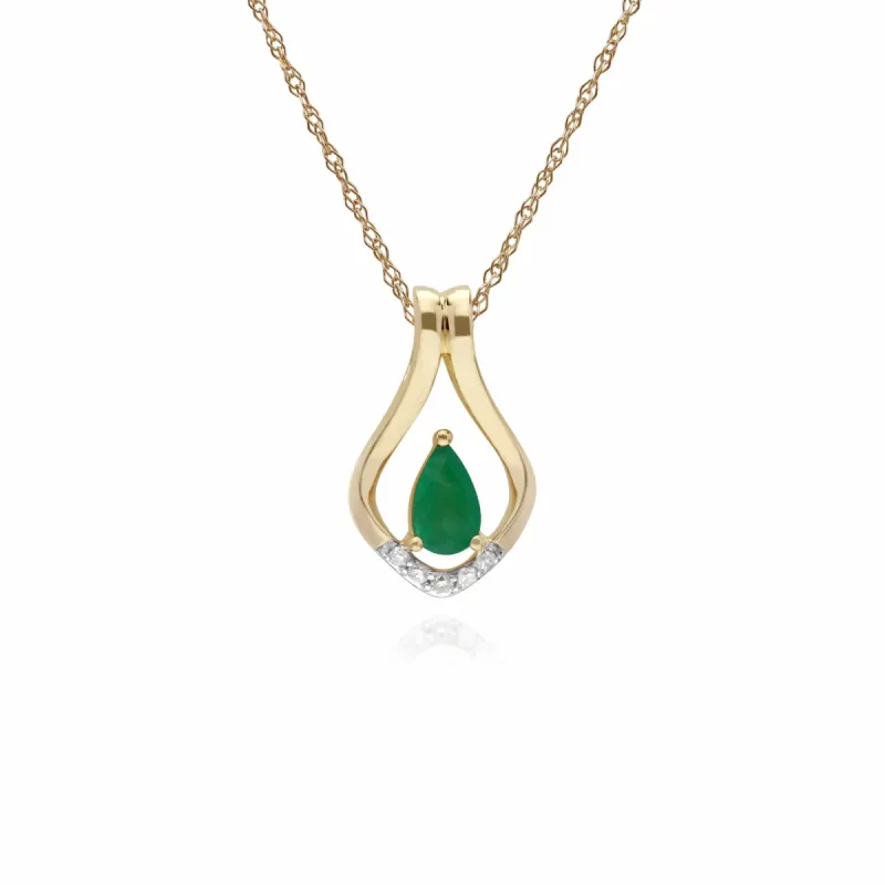 Classic Pear Emerald & Five Diamond Leaf Halo Pendant in 9ct Gold sold by Gemondo Jewellery