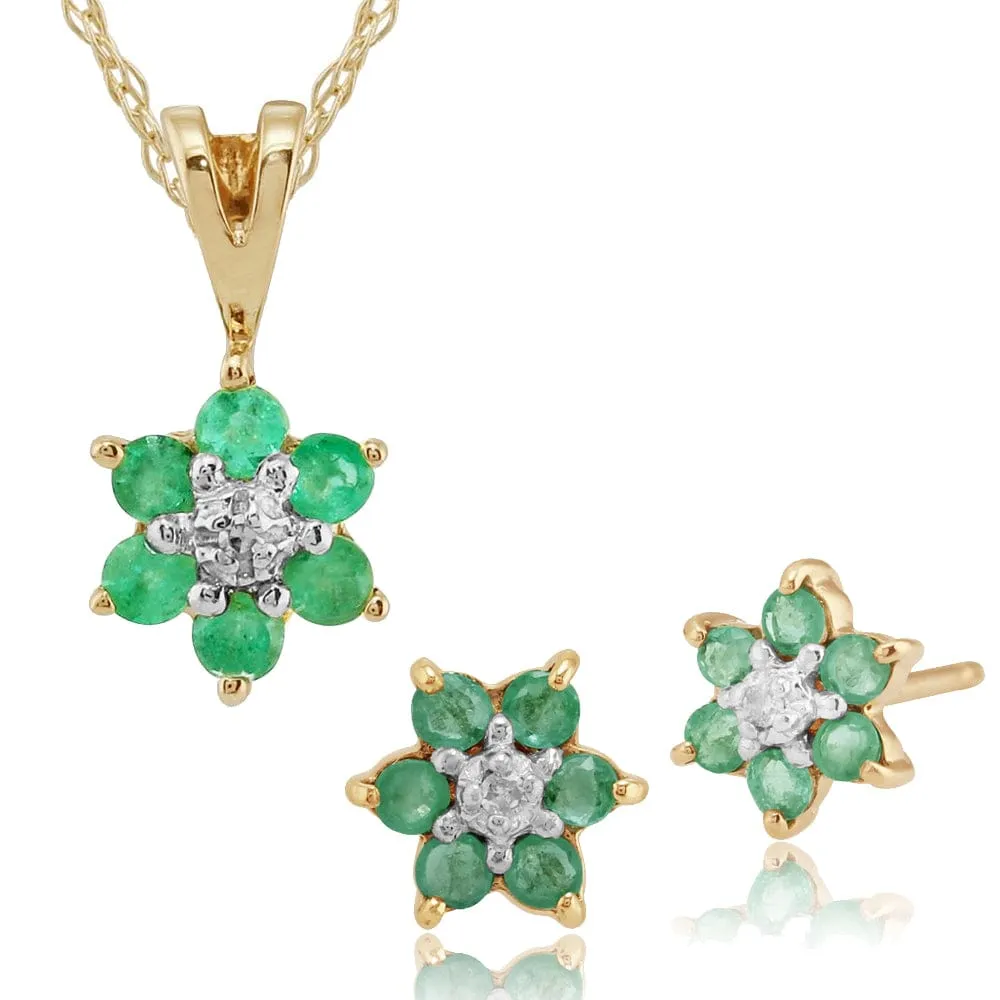 Floral Round Emerald & Diamond Cluster Stud Earrings & Pendant Set in 9ct Yellow Gold sold by Gemondo Jewellery