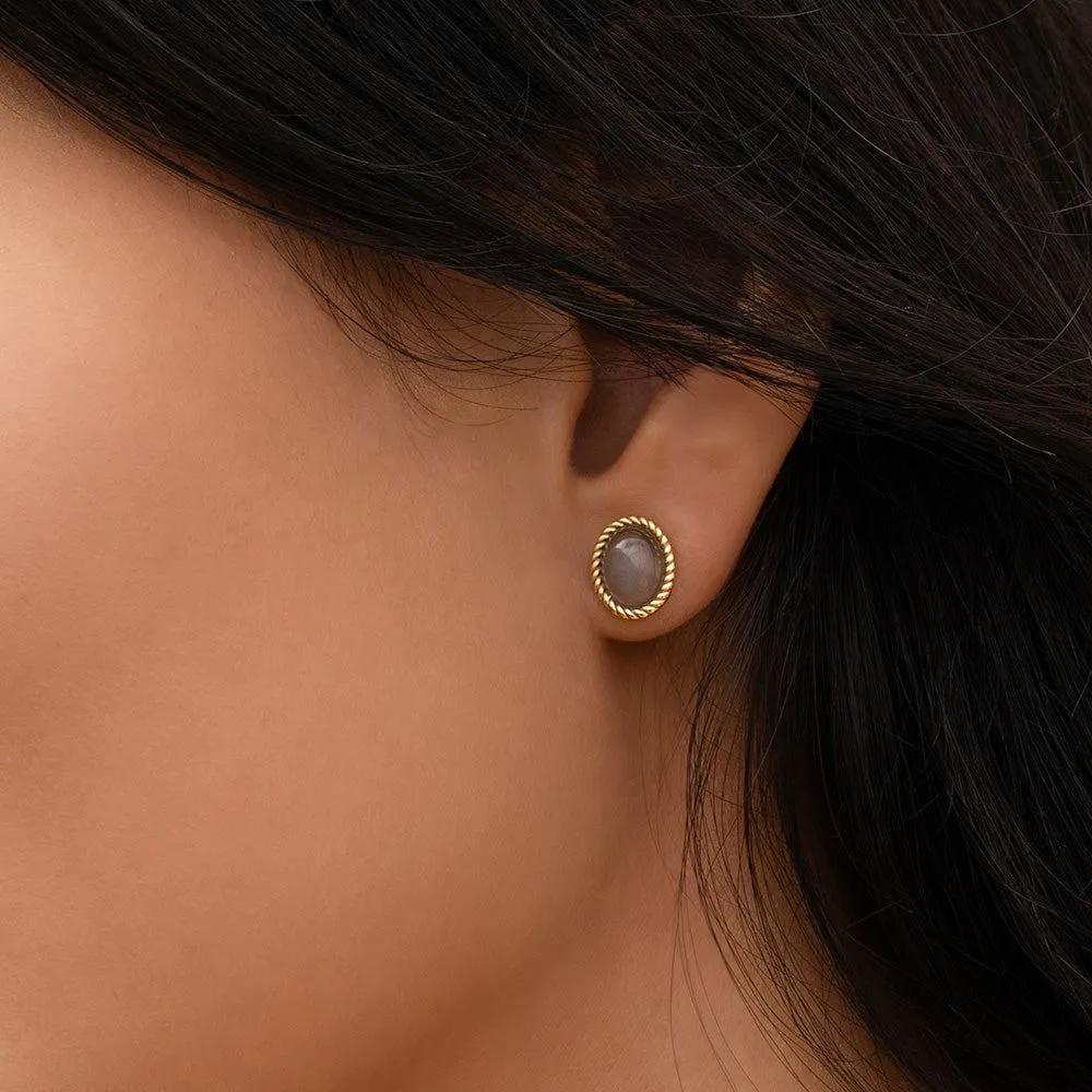 Classic Oval Black Moonstone Stud Earrings in 9ct Yellow Gold sold by Gemondo Jewellery product image thumbnail 2