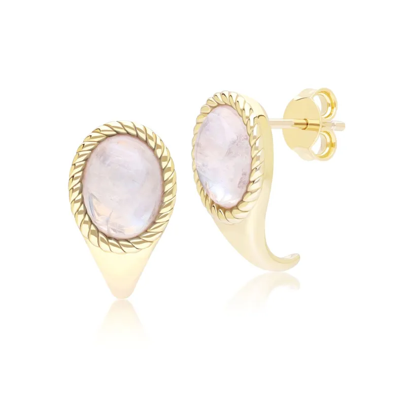 Classic Oval Rainbow Moonstone Drop Stud Earrings in 9ct Yellow Gold sold by Gemondo Jewellery