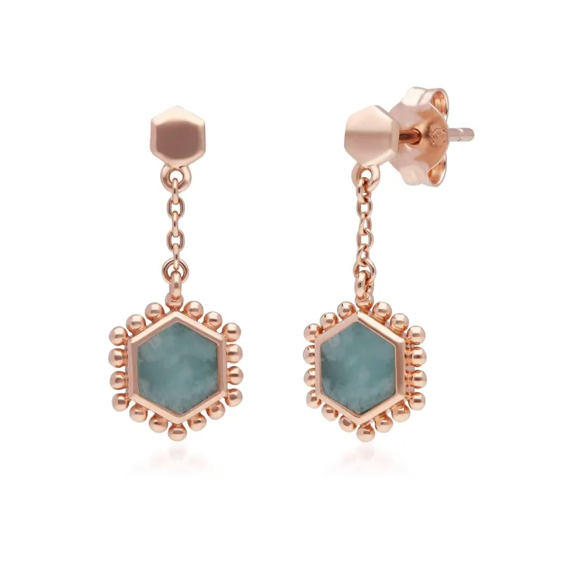 Amazonite Flat Slice Hex Drop Earrings in Rose Gold Plated Silver sold by Gemondo Jewellery