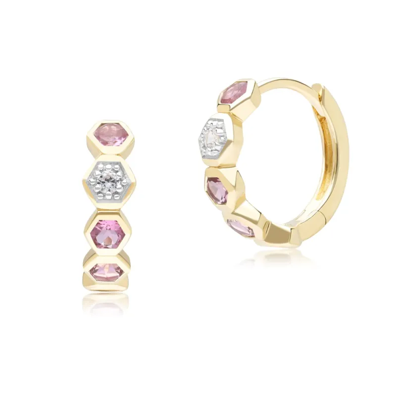 Geometric Round Pink Tourmaline and Sapphire Hoop Earrings in 9ct Yellow Gold sold by Gemondo Jewellery