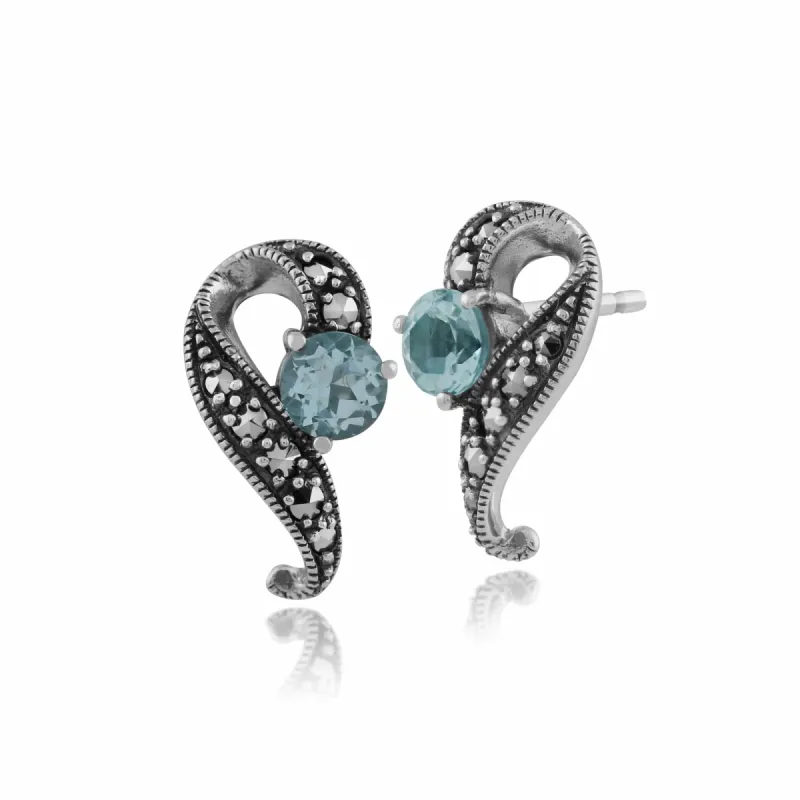 Art Nouveau Style Round Blue Topaz & Marcasite Swirl Stud Earrings in 925 Sterling Silver sold by Gemondo Jewellery
