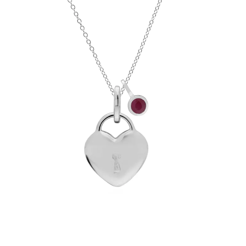 Classic Heart Lock Pendant & Ruby Charm in 925 Sterling Silver sold by Gemondo Jewellery