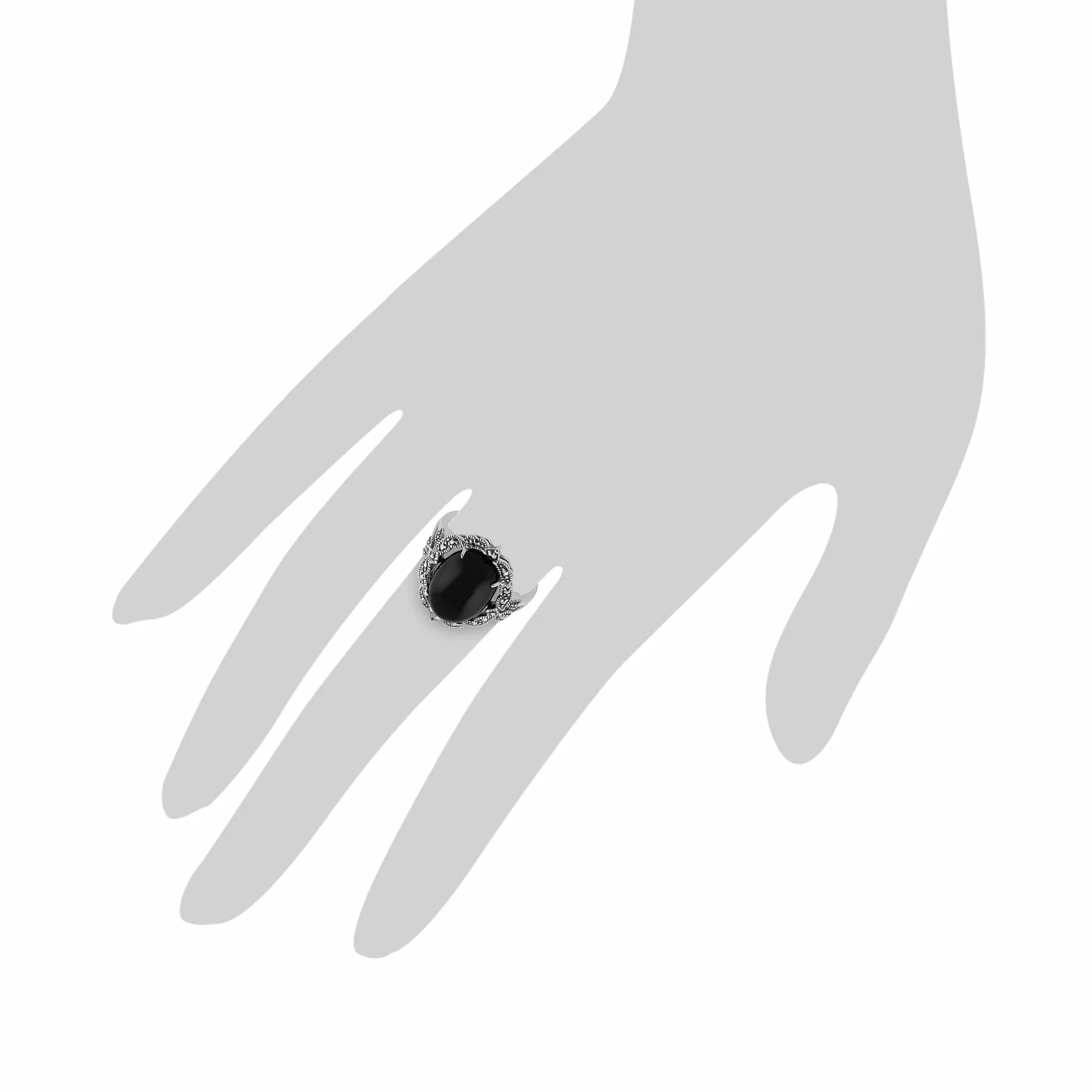 Art Nouveau Style Oval Black Onyx Cabochon & Marcasite Statement Ring in 925 Sterling Silver sold by Gemondo Jewellery product image thumbnail 3