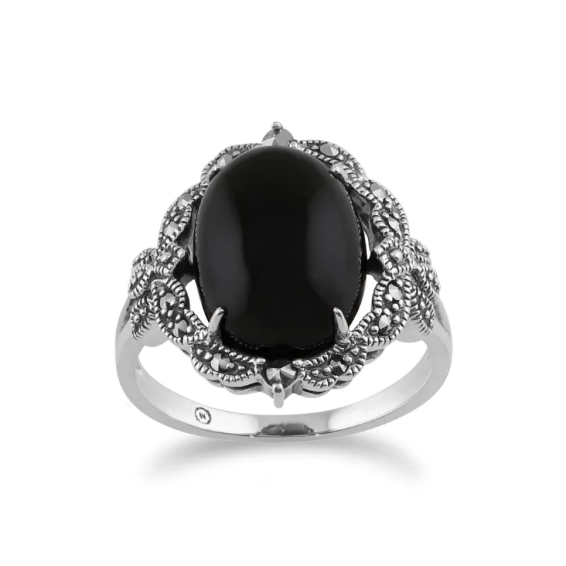Art Nouveau Style Oval Black Onyx Cabochon & Marcasite Statement Ring in 925 Sterling Silver sold by Gemondo Jewellery