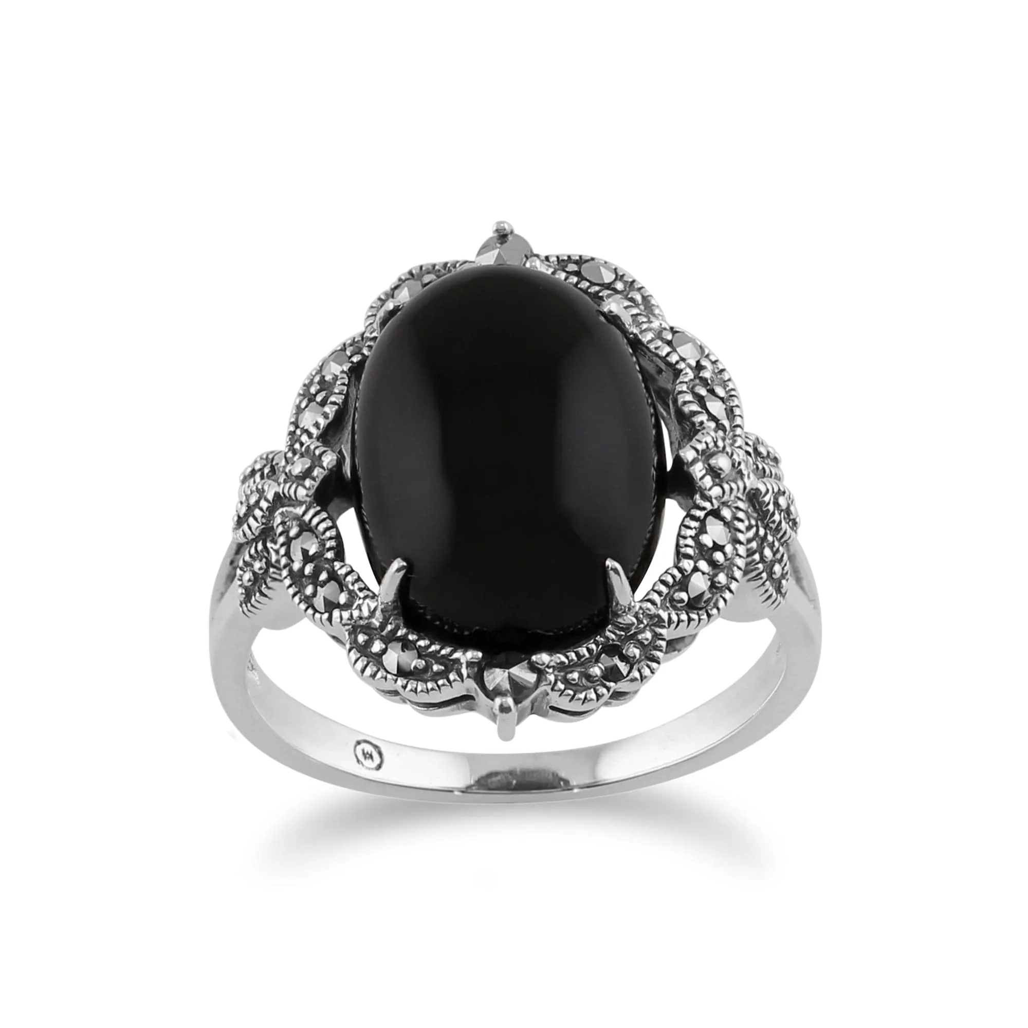 Art Nouveau Style Oval Black Onyx Cabochon & Marcasite Statement Ring in 925 Sterling Silver sold by Gemondo Jewellery