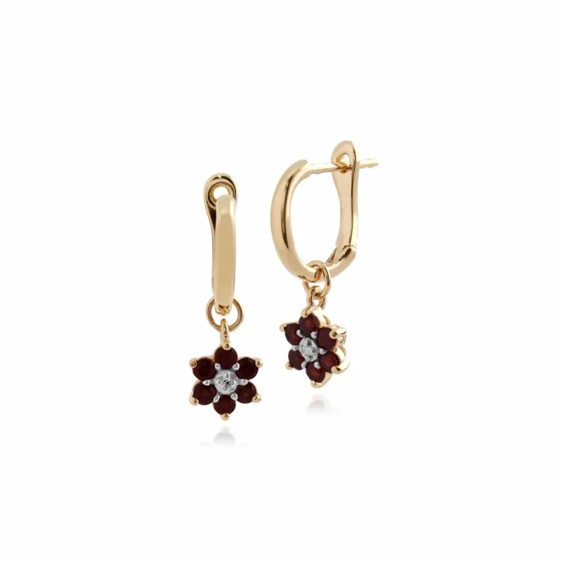 Gemondo 9ct Yellow Gold Mozambique Garnet and Diamond Floral Hoop Earrings sold by Gemondo Jewellery