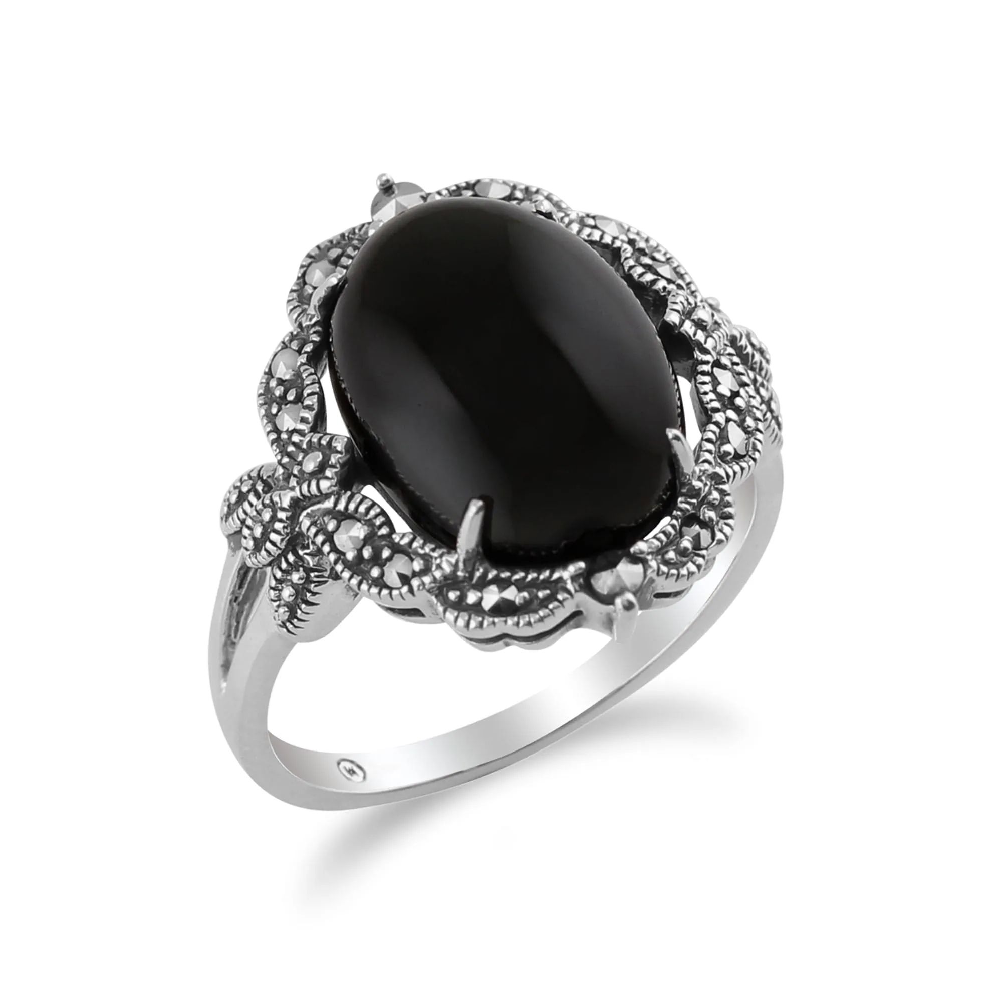 Art Nouveau Style Oval Black Onyx Cabochon & Marcasite Statement Ring in 925 Sterling Silver sold by Gemondo Jewellery product image thumbnail 2