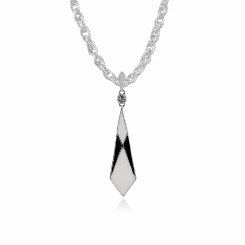 Gemondo Silver Art Deco Black & White Enamel & Marcasite Pendant on 45cm Chain sold by Gemondo Jewellery