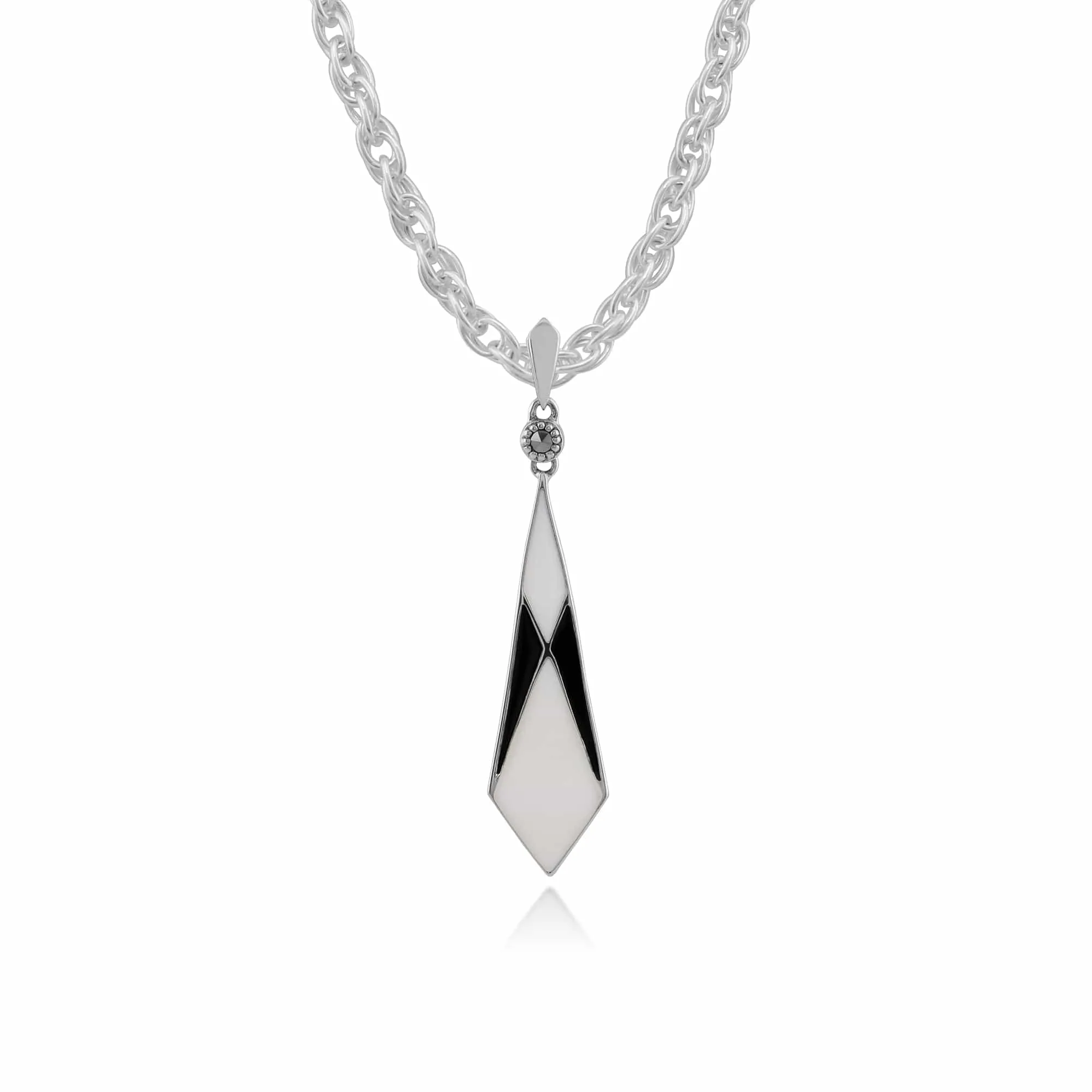Gemondo Silver Art Deco Black & White Enamel & Marcasite Pendant on 45cm Chain sold by Gemondo Jewellery