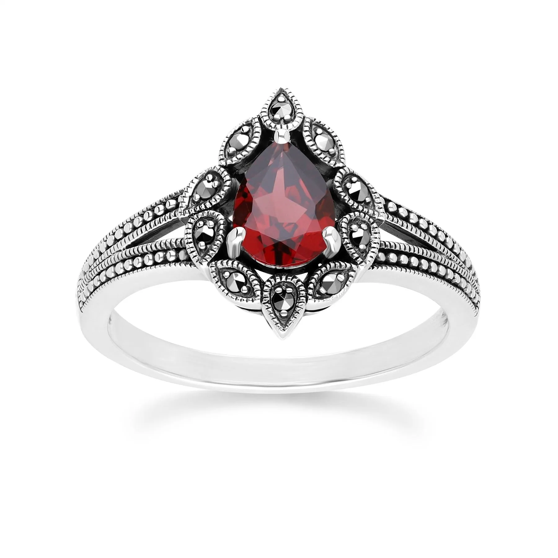 Art Deco Style Pear Garnet & Marcasite Ring in Sterling Silver sold by Gemondo Jewellery