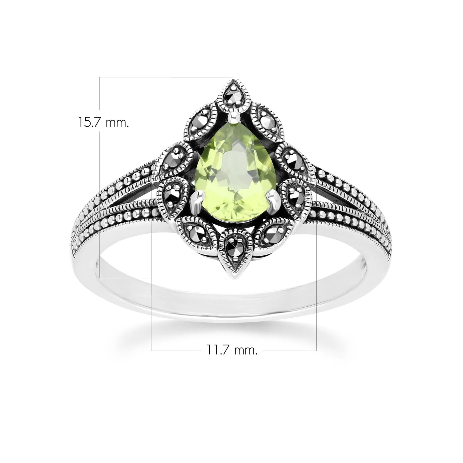 Art Deco Style Pear Peridot & Marcasite Ring in Sterling Silver sold by Gemondo Jewellery product image thumbnail 4