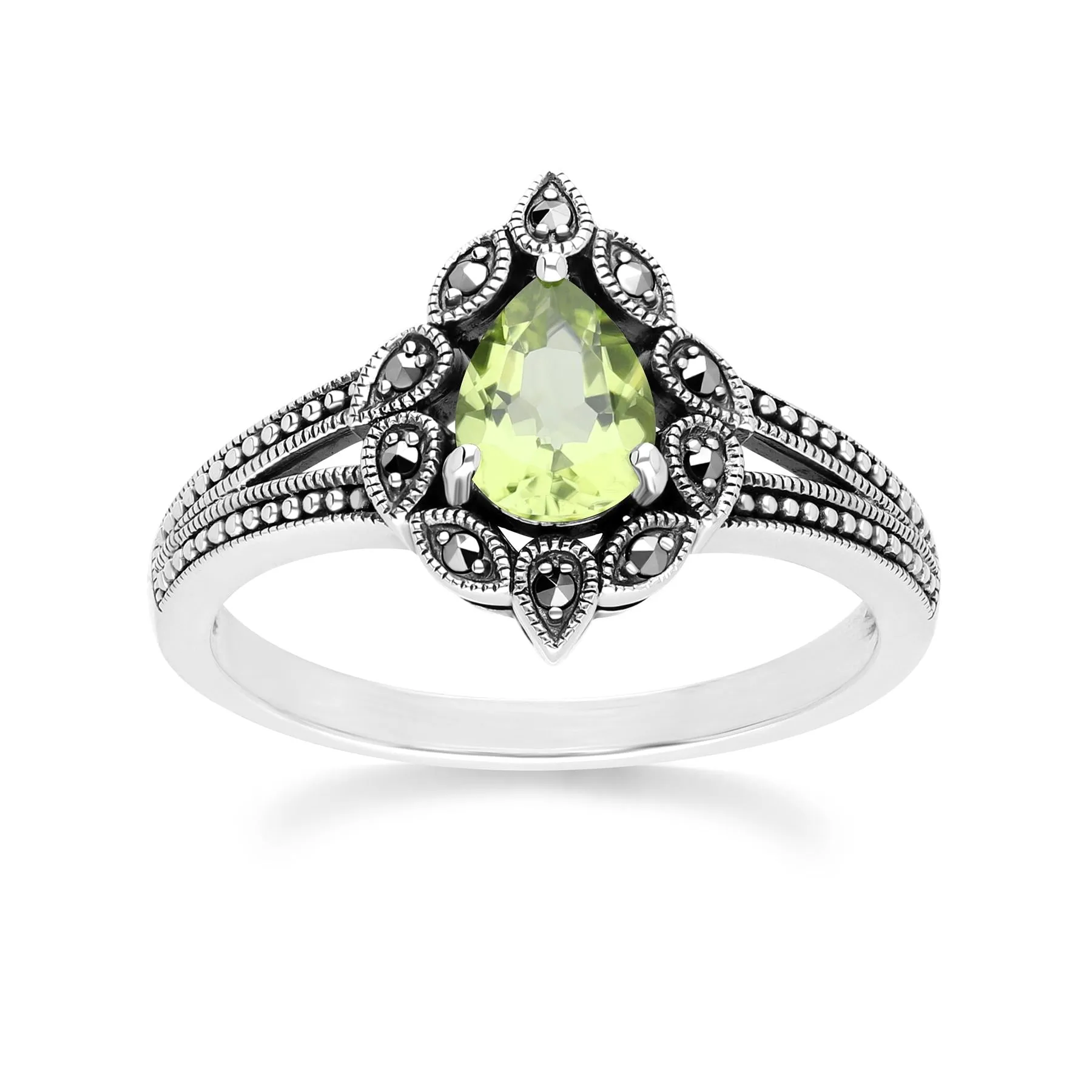 Art Deco Style Pear Peridot & Marcasite Ring in Sterling Silver sold by Gemondo Jewellery