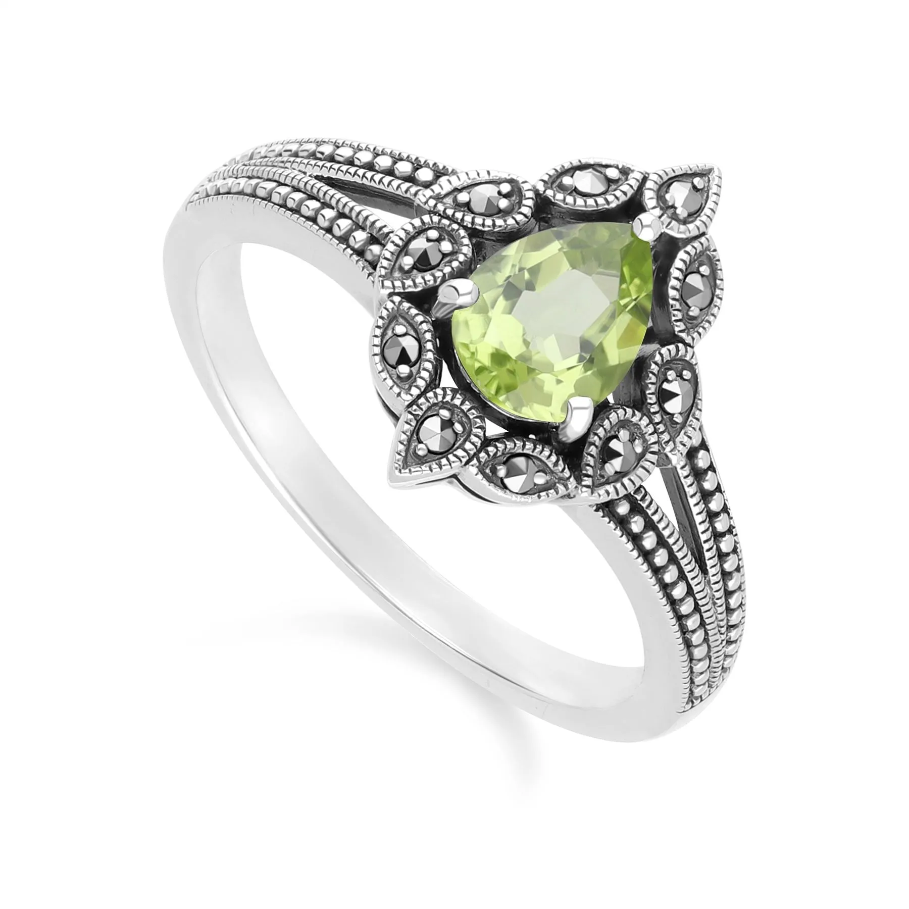 Art Deco Style Pear Peridot & Marcasite Ring in Sterling Silver sold by Gemondo Jewellery product image thumbnail 3