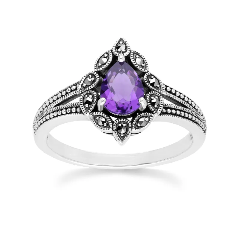 Art Deco Style Pear Amethyst & Marcasite Ring in Sterling Silver sold by Gemondo Jewellery