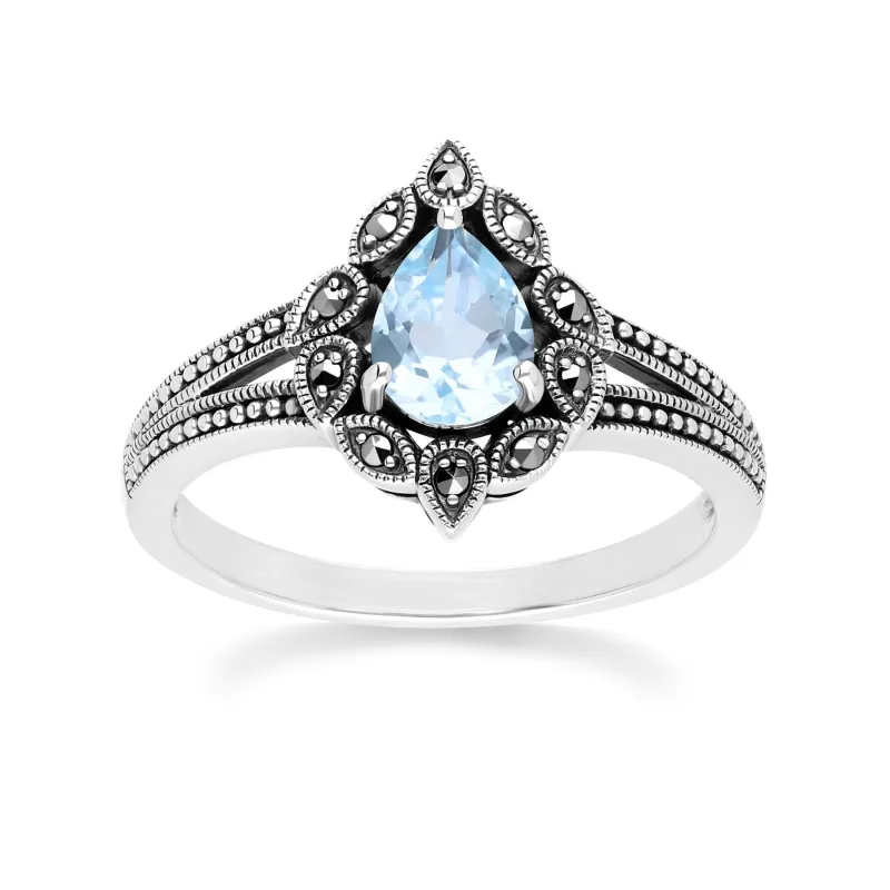 Art Deco Style Pear Blue Topaz & Marcasite Ring in Sterling Silver sold by Gemondo Jewellery