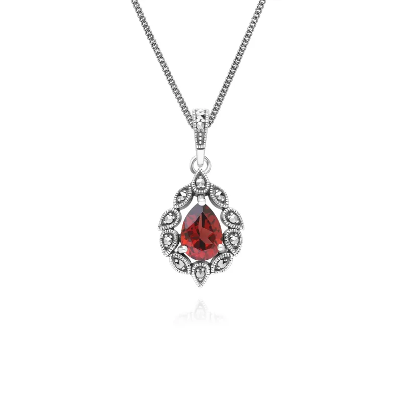 Art Deco Style Pear Garnet & Marcasite Pendant Necklace in Sterling Silver sold by Gemondo Jewellery