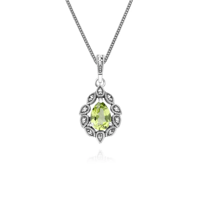 Art Deco Style Pear Peridot & Marcasite Pendant Necklace in Sterling Silver sold by Gemondo Jewellery