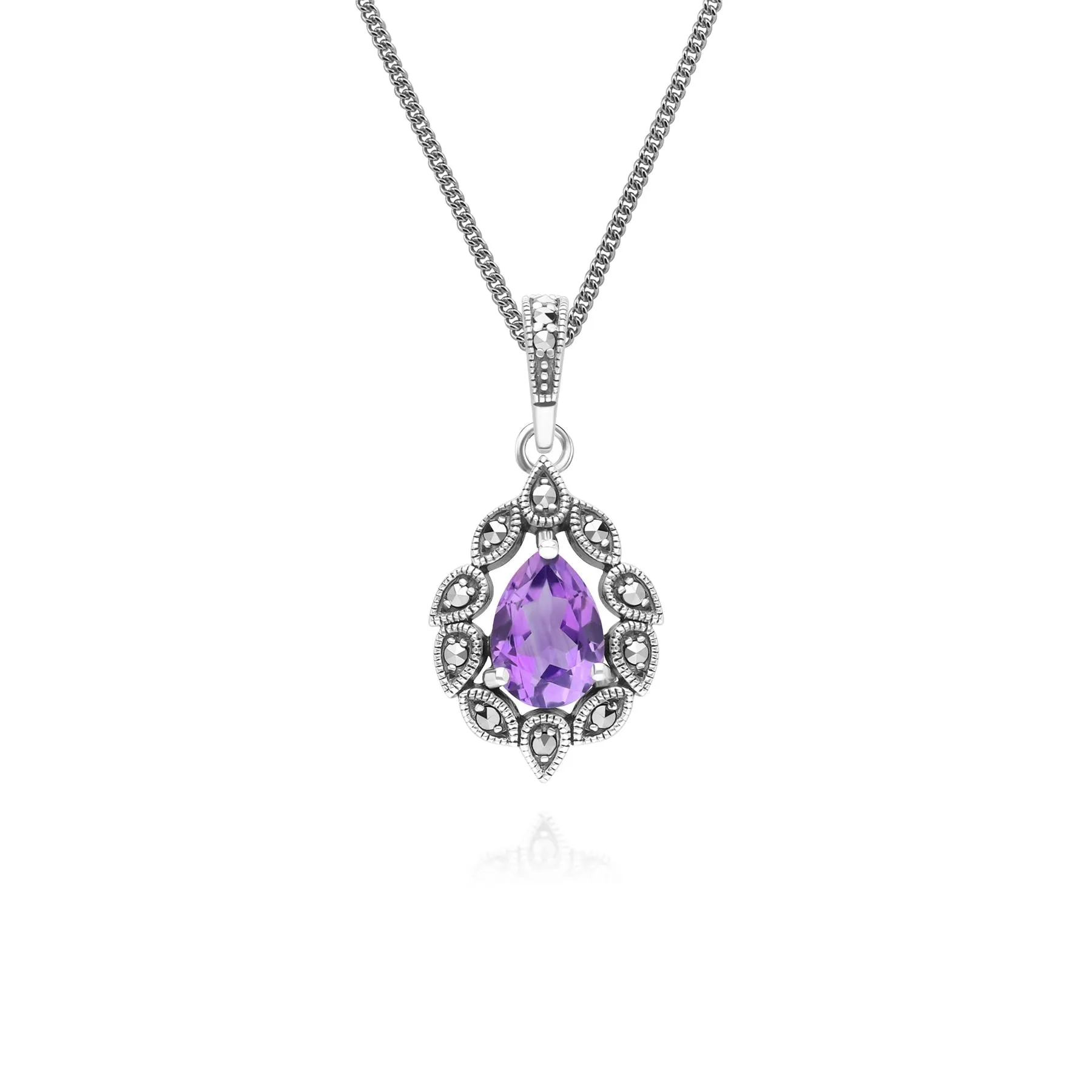 Art Deco Style Pear Amethyst & Marcasite Pendant Necklace in Sterling Silver sold by Gemondo Jewellery