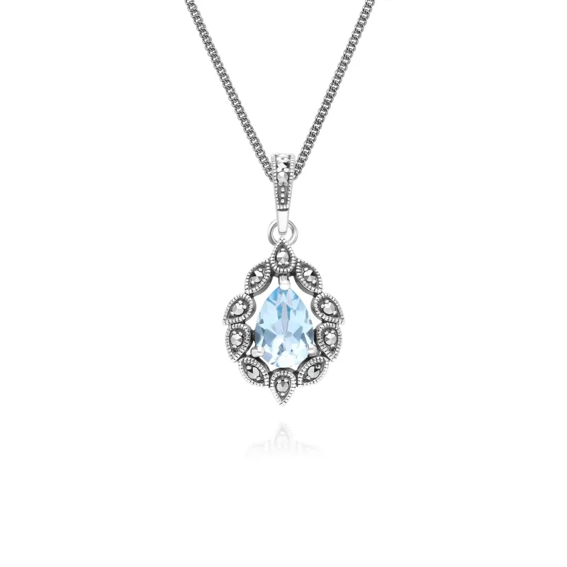 Art Deco Style Pear Blue Topaz & Marcasite Pendant Necklace in Sterling Silver sold by Gemondo Jewellery