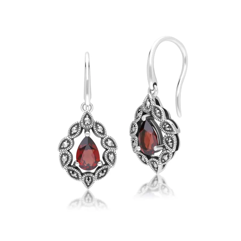 Art Deco Style Pear Garnet & Marcasite Drop Earrings in Sterling Silver sold by Gemondo Jewellery
