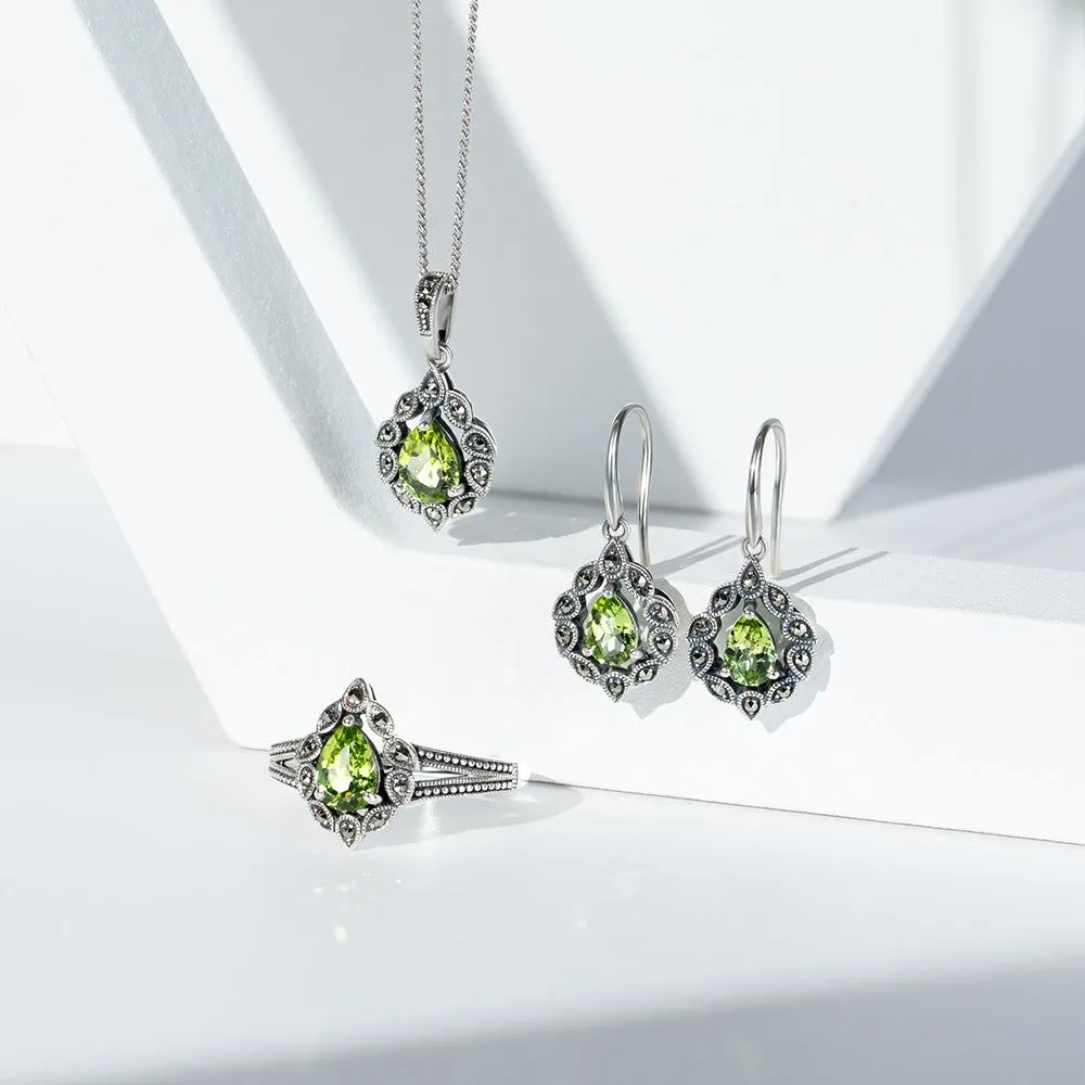 Art Deco Style Pear Peridot & Marcasite Drop Earrings in Sterling Silver sold by Gemondo Jewellery product image thumbnail 5