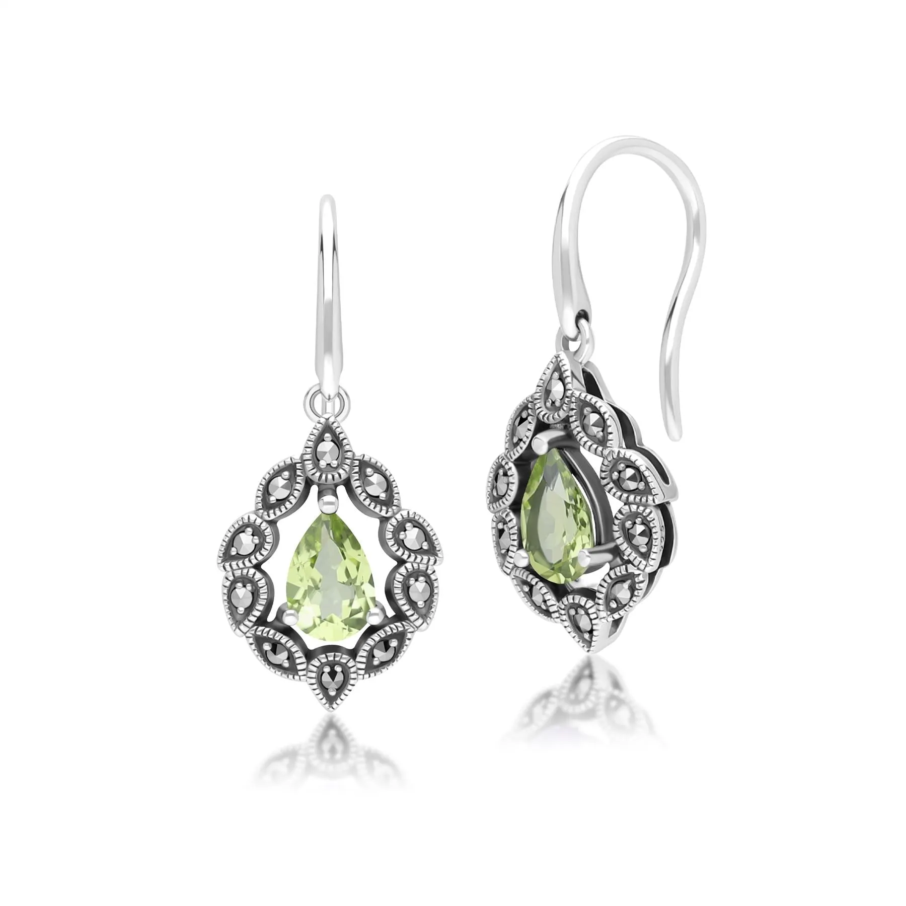 Art Deco Style Pear Peridot & Marcasite Drop Earrings in Sterling Silver sold by Gemondo Jewellery