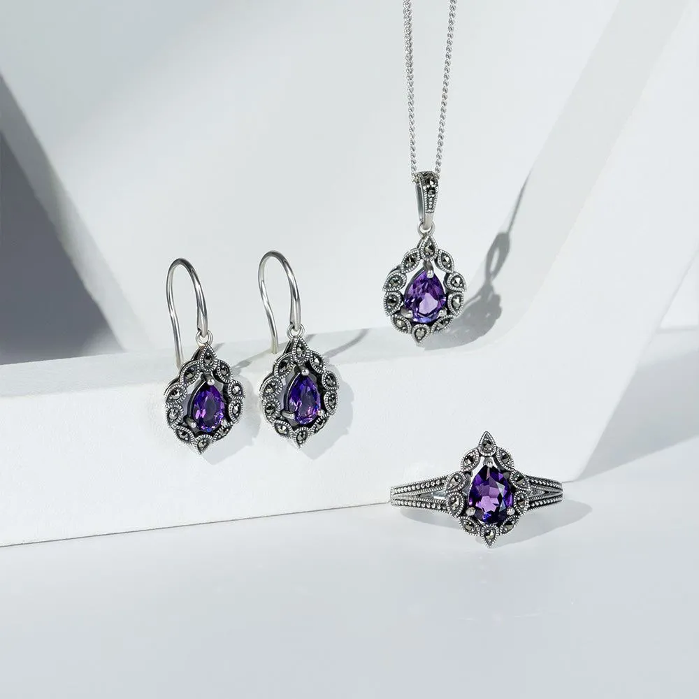 Art Deco Style Pear Amethyst & Marcasite Drop Earrings in Sterling Silver sold by Gemondo Jewellery product image thumbnail 5