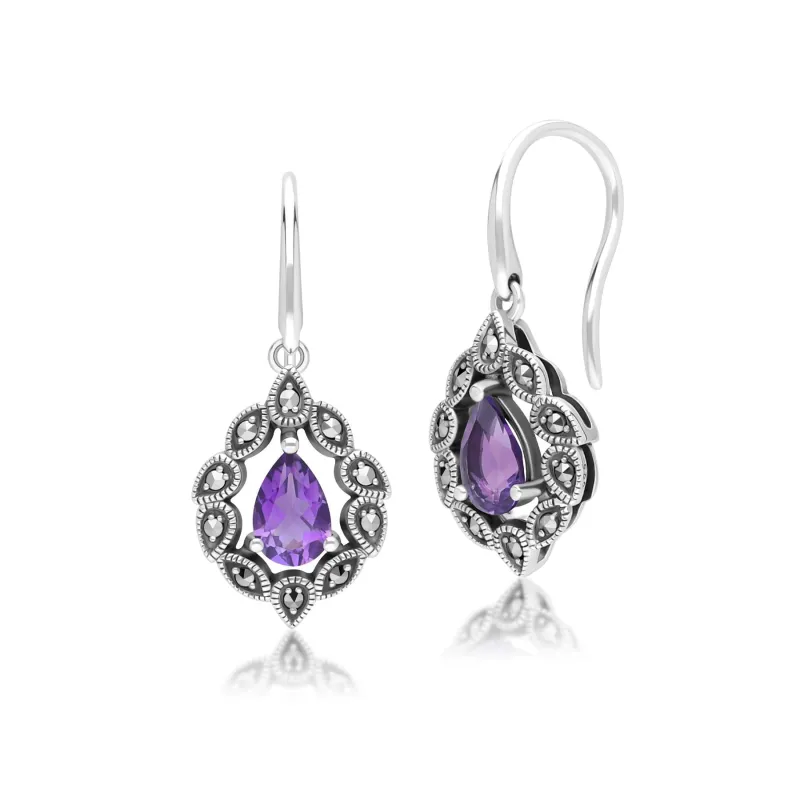 Art Deco Style Pear Amethyst & Marcasite Drop Earrings in Sterling Silver sold by Gemondo Jewellery