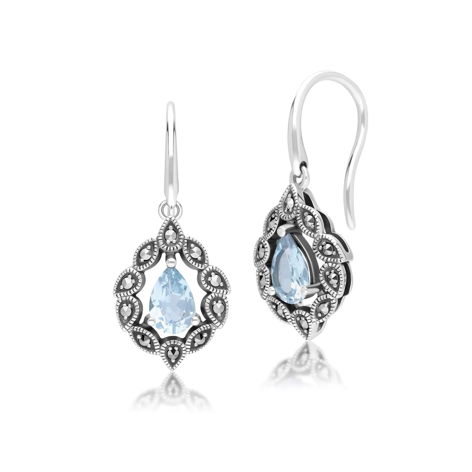 Art Deco Style Pear Blue Topaz & Marcasite Drop Earrings in Sterling Silver sold by Gemondo Jewellery