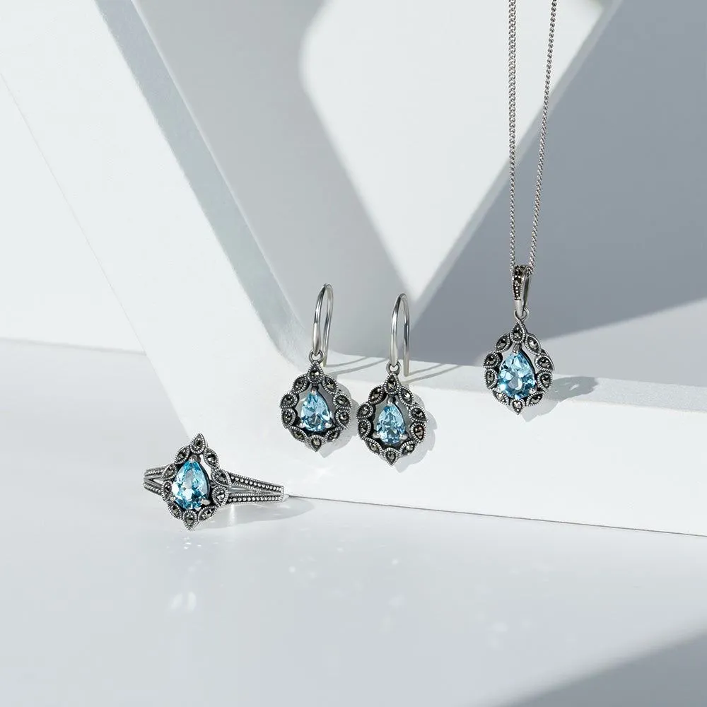 Art Deco Style Pear Blue Topaz & Marcasite Drop Earrings in Sterling Silver sold by Gemondo Jewellery product image thumbnail 5