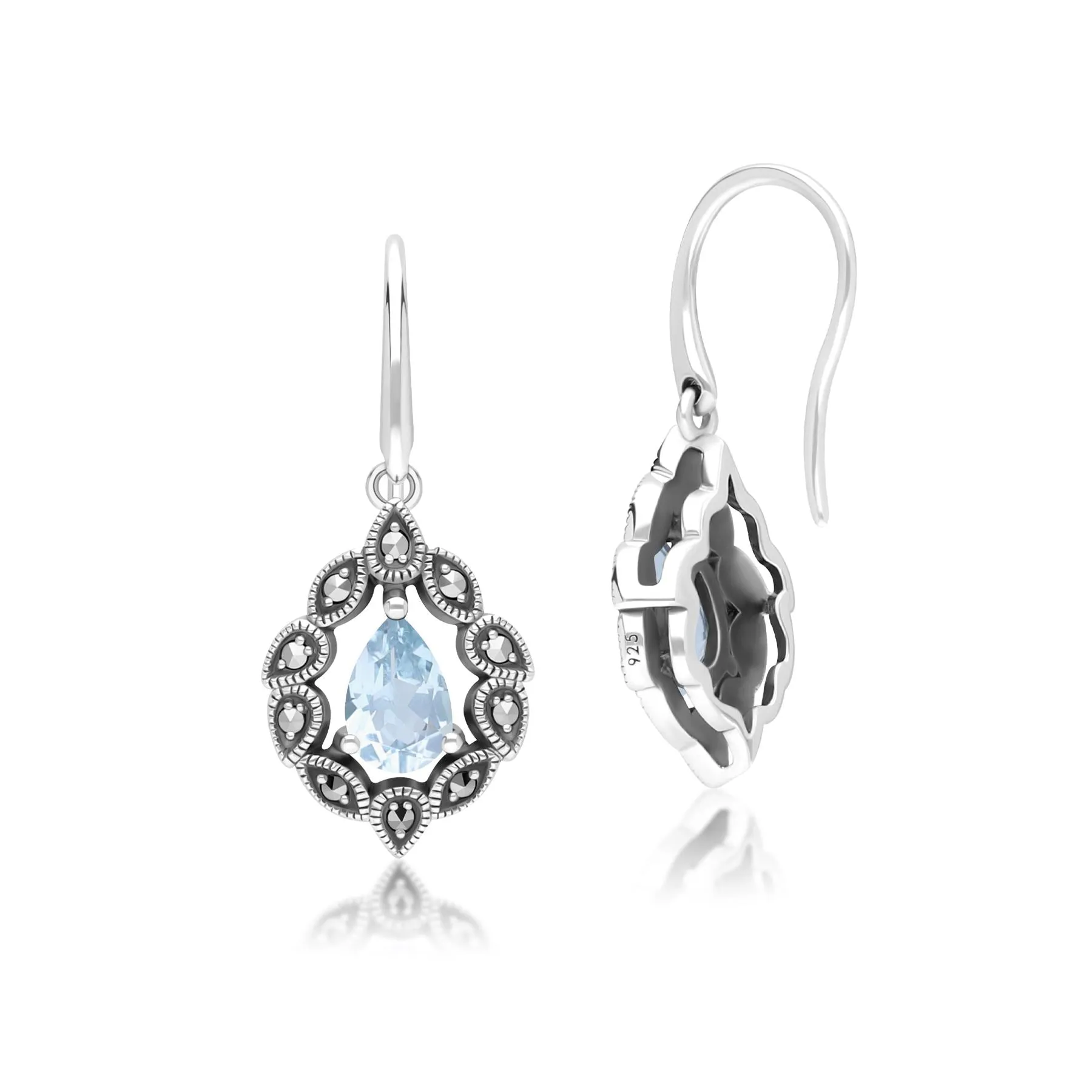 Art Deco Style Pear Blue Topaz & Marcasite Drop Earrings in Sterling Silver sold by Gemondo Jewellery product image thumbnail 3