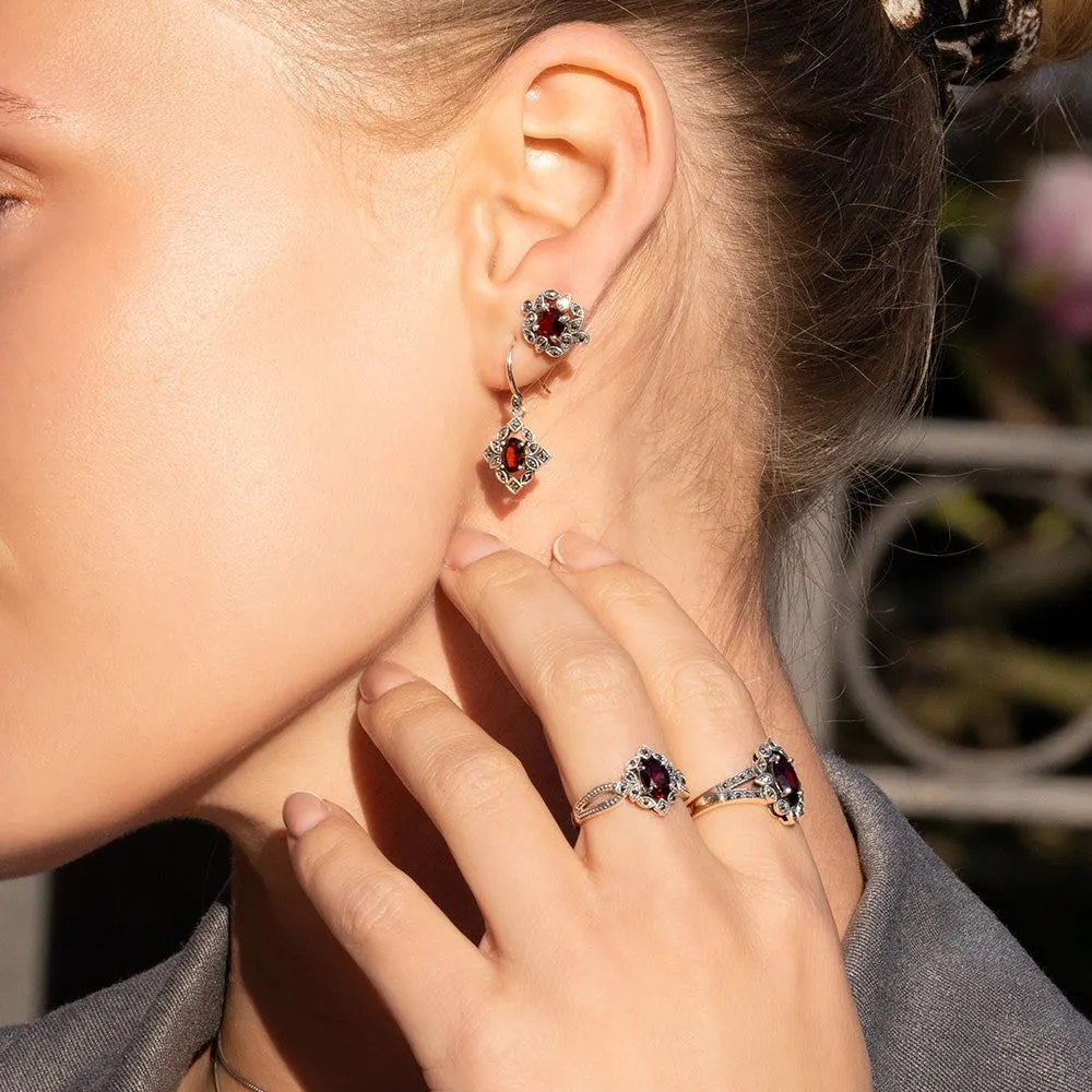 Art Deco Style Oval Garnet & Marcasite Ring in Sterling Silver sold by Gemondo Jewellery product image thumbnail 2